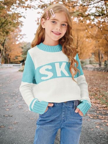 LAYOGAS Girl's Ski Pullover Sweaters Crew Neck Color Block Striped Long Sleeve Knitwear Jumper Tops in Saudi Arabia