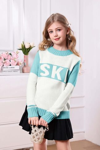 LAYOGAS Girl's Ski Pullover Sweaters Crew Neck Color Block Striped Long Sleeve Knitwear Jumper Tops in Saudi Arabia