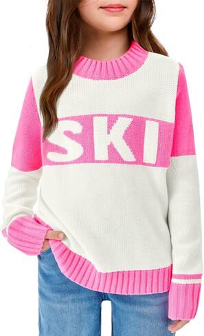 LAYOGAS Girl's Ski Pullover Sweaters Crew Neck Color Block Striped Long Sleeve Knitwear Jumper Tops in Saudi Arabia