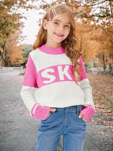 LAYOGAS Girl's Ski Pullover Sweaters Crew Neck Color Block Striped Long Sleeve Knitwear Jumper Tops in Saudi Arabia