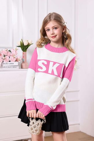 LAYOGAS Girl's Ski Pullover Sweaters Crew Neck Color Block Striped Long Sleeve Knitwear Jumper Tops in Saudi Arabia