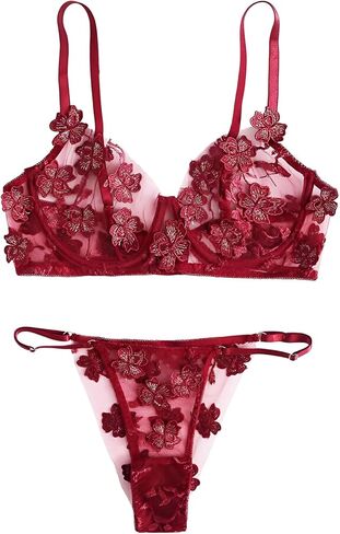Lilosy Sexy Applique Floral Mesh Sheer Underwire Lingerie Set 2 Piece in Kuwait