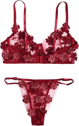 Lilosy Sexy Applique Floral Mesh Sheer Underwire Lingerie Set 2 Piece in Kuwait