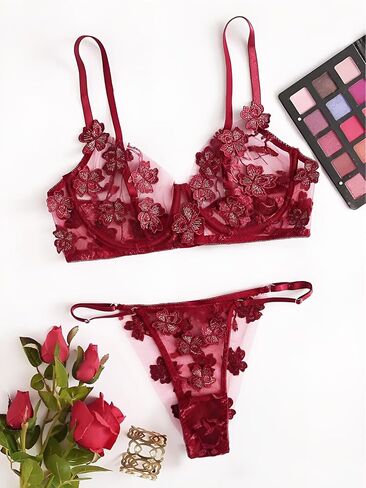 Lilosy Sexy Applique Floral Mesh Sheer Underwire Lingerie Set 2 Piece in Kuwait