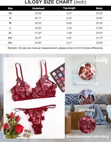 Lilosy Sexy Applique Floral Mesh Sheer Underwire Lingerie Set 2 Piece in Kuwait