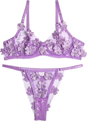 Lilosy Sexy Applique Floral Mesh Sheer Underwire Lingerie Set 2 Piece in Kuwait