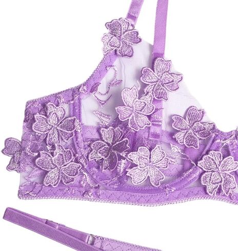Lilosy Sexy Applique Floral Mesh Sheer Underwire Lingerie Set 2 Piece in Kuwait