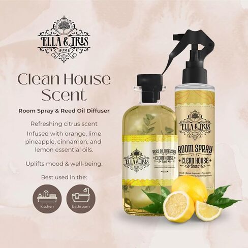 Ella & Iris Home Reed Diffuser Oil with Clean House Scent - Relaxing Citrus Oil Diffuser for Home & Room Fragrance - Aromatherapy Benefits & Non-Toxic - Home & Office Decor Gift (6oz) in Saudi Arabia