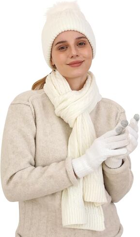 Double Couple 3pcs Winter Woven scarf and hat and Touch Screen Gloves Set for Women Knit Hat with Faux Fur Ball Scarves Glove in Kuwait
