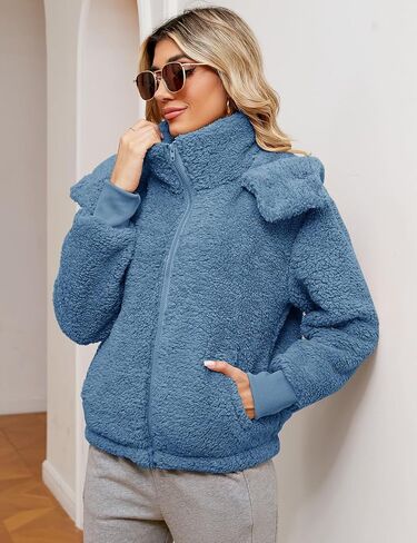 Micoson Womens Faux Fur Coat Winter Full Zip Sherpa Fleece Jacket Long Sleeve Warm Fuzzy Outerwear with Hooded in Kuwait