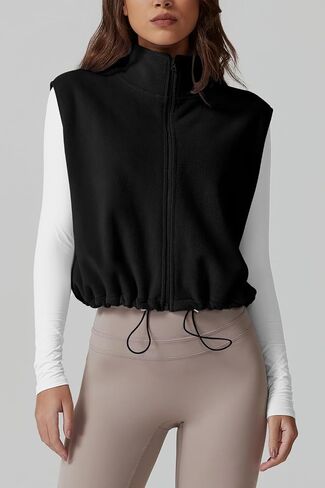 QINSEN Women's Full Zip Fleece Short Jacket Vest Warm Winter Sleeveless Stand Collar Sherpa Crop Coat in Saudi Arabia
