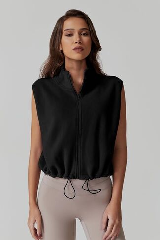 QINSEN Women's Full Zip Fleece Short Jacket Vest Warm Winter Sleeveless Stand Collar Sherpa Crop Coat in Saudi Arabia