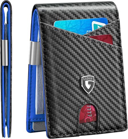 GSOIAX Slim Leather RFID Bifold Wallet for Men with Money Clip and 12 Credit Card Holders - Minimalist Front Pocket Wallet with ID Window,Cool Groove Design with Gift box(Carbon blue) in Saudi Arabia