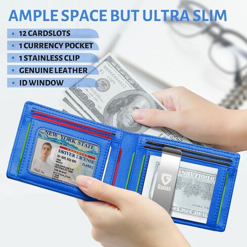 GSOIAX Slim Leather RFID Bifold Wallet for Men with Money Clip and 12 Credit Card Holders - Minimalist Front Pocket Wallet with ID Window,Cool Groove Design with Gift box(Carbon blue) in Saudi Arabia
