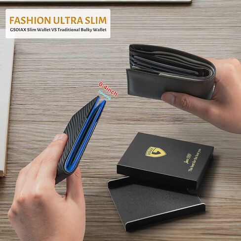 GSOIAX Slim Leather RFID Bifold Wallet for Men with Money Clip and 12 Credit Card Holders - Minimalist Front Pocket Wallet with ID Window,Cool Groove Design with Gift box(Carbon blue) in Saudi Arabia