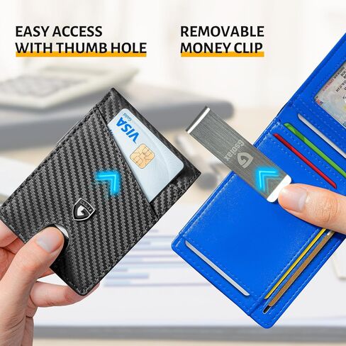 GSOIAX Slim Leather RFID Bifold Wallet for Men with Money Clip and 12 Credit Card Holders - Minimalist Front Pocket Wallet with ID Window,Cool Groove Design with Gift box(Carbon blue) in Saudi Arabia
