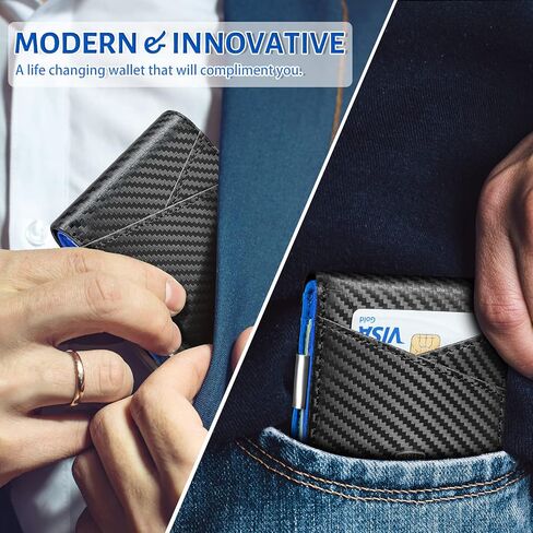 GSOIAX Slim Leather RFID Bifold Wallet for Men with Money Clip and 12 Credit Card Holders - Minimalist Front Pocket Wallet with ID Window,Cool Groove Design with Gift box(Carbon blue) in Saudi Arabia