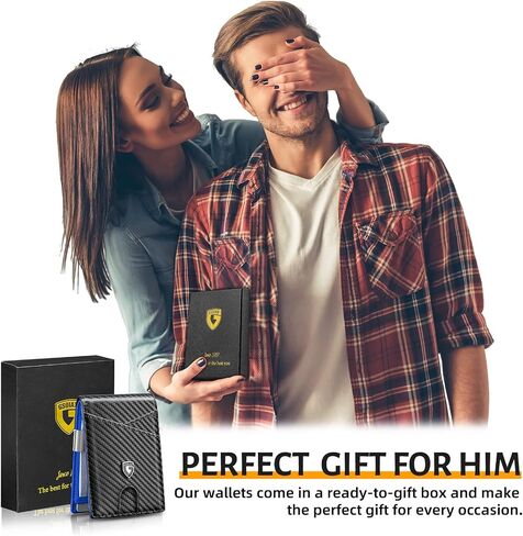 GSOIAX Slim Leather RFID Bifold Wallet for Men with Money Clip and 12 Credit Card Holders - Minimalist Front Pocket Wallet with ID Window,Cool Groove Design with Gift box(Carbon blue) in Saudi Arabia