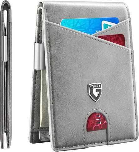 GSOIAX Slim Leather RFID Bifold Wallet for Men with Money Clip and 12 Credit Card Holders - Minimalist Front Pocket Wallet with ID Window,Cool Groove Design with Gift box(Carbon blue) in Saudi Arabia