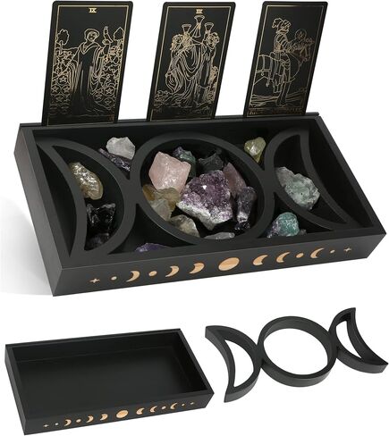 Crystal Tray for Stones, Triple Moon Crystal Holder Box, 3 Tarot Card Stand for Daily Affirmation Cards, Wicca Crystal Display, Detachable Rocks, Essential Oil Organizer, Witch Altar Gift in Kuwait