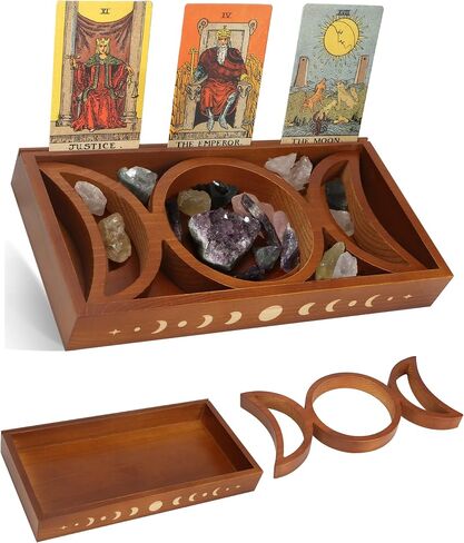 Crystal Tray for Stones, Triple Moon Crystal Holder Box, 3 Tarot Card Stand for Daily Affirmation Cards, Wicca Crystal Display, Detachable Rocks, Essential Oil Organizer, Witch Altar Gift in Kuwait