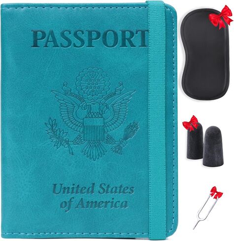 حامل بطاقات جواز السفر الأمريكي RFID للسفر - غطاء جواز سفر من الجلد الصناعي بالولايات المتحدة الأمريكية - حافظة حماية صغيرة لجواز السفر الأمريكي للنساء والرجال (أزرق فاتح) in Kuwait
