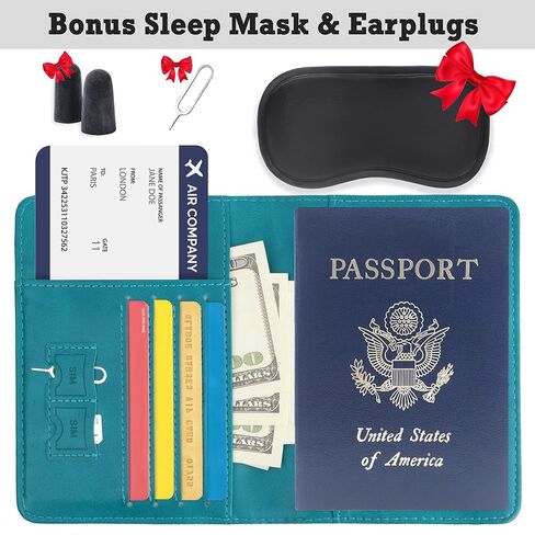 حامل بطاقات جواز السفر الأمريكي RFID للسفر - غطاء جواز سفر من الجلد الصناعي بالولايات المتحدة الأمريكية - حافظة حماية صغيرة لجواز السفر الأمريكي للنساء والرجال (أزرق فاتح) in Kuwait