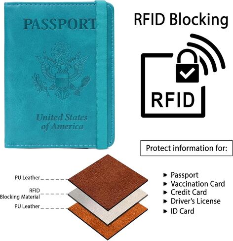 حامل بطاقات جواز السفر الأمريكي RFID للسفر - غطاء جواز سفر من الجلد الصناعي بالولايات المتحدة الأمريكية - حافظة حماية صغيرة لجواز السفر الأمريكي للنساء والرجال (أزرق فاتح) in Kuwait