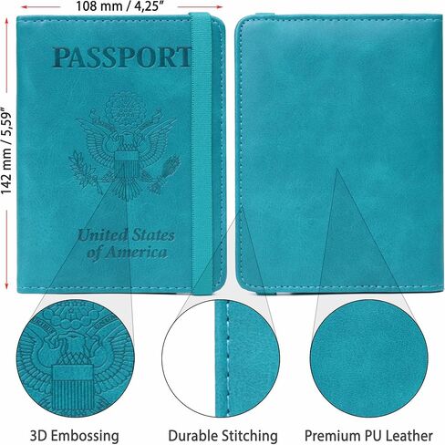 حامل بطاقات جواز السفر الأمريكي RFID للسفر - غطاء جواز سفر من الجلد الصناعي بالولايات المتحدة الأمريكية - حافظة حماية صغيرة لجواز السفر الأمريكي للنساء والرجال (أزرق فاتح) in Kuwait