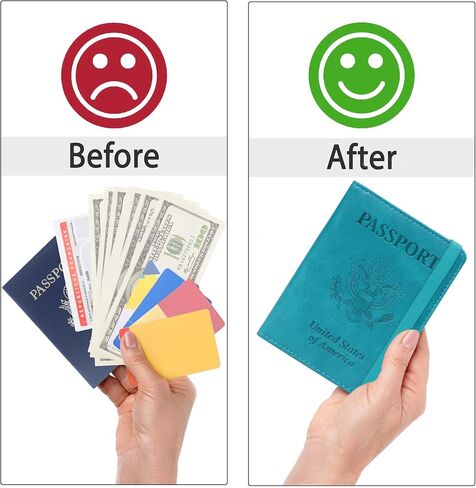 حامل بطاقات جواز السفر الأمريكي RFID للسفر - غطاء جواز سفر من الجلد الصناعي بالولايات المتحدة الأمريكية - حافظة حماية صغيرة لجواز السفر الأمريكي للنساء والرجال (أزرق فاتح) in Kuwait