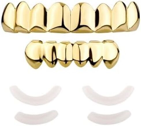 18K Gold Plated Gold Finish 8 Top Teeth 6 Bottom Tooth Hip Hop Teeth Grillz + 2 Molding Bars for Men and Women in Kuwait