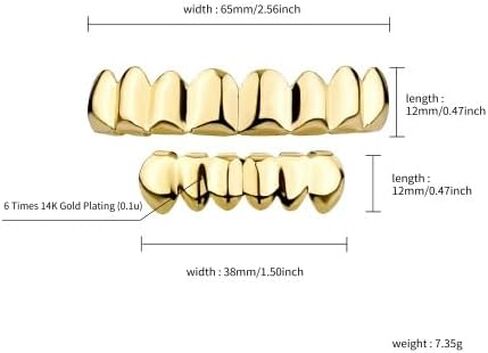 18K Gold Plated Gold Finish 8 Top Teeth 6 Bottom Tooth Hip Hop Teeth Grillz + 2 Molding Bars for Men and Women in Kuwait