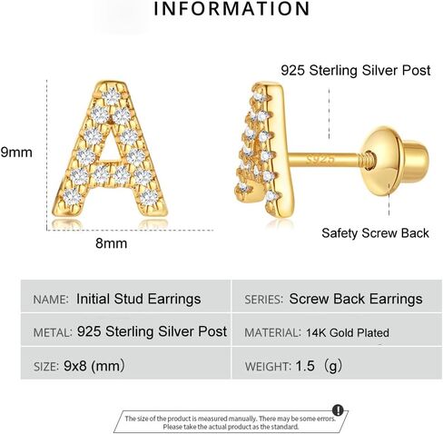 Initial Stud Earrings for girls, Sterling Silver Post Screw Backs Earrings 14K Gold Plated CZ Simulated Diamond Hypoallergenic Alphabet Letter Initial Earrings for Women Girls Jewelry Gifts in Saudi Arabia