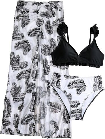 Verdusa Girl's 3 Piece Ruffle Trim Bathing Suit Bikini Swimsuits with Cover Up Skirt in Saudi Arabia