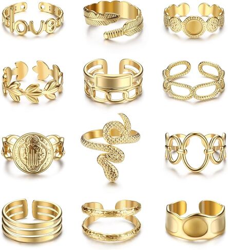 Besteel 18K Gold Plated Rings for Women, Stainless Steel Statement Rings Pack Stacking Boho Midi Rings Adjustable Open Ring Band Twisted Signet Rings Non Tarnish Gold Rings in Kuwait