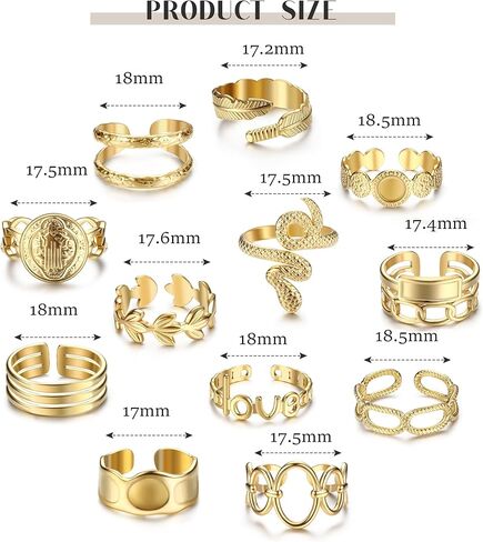 Besteel 18K Gold Plated Rings for Women, Stainless Steel Statement Rings Pack Stacking Boho Midi Rings Adjustable Open Ring Band Twisted Signet Rings Non Tarnish Gold Rings in Kuwait