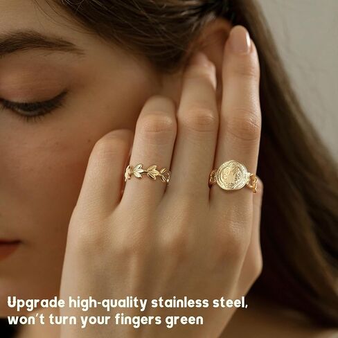 Besteel 18K Gold Plated Rings for Women, Stainless Steel Statement Rings Pack Stacking Boho Midi Rings Adjustable Open Ring Band Twisted Signet Rings Non Tarnish Gold Rings in Kuwait