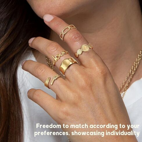 Besteel 18K Gold Plated Rings for Women, Stainless Steel Statement Rings Pack Stacking Boho Midi Rings Adjustable Open Ring Band Twisted Signet Rings Non Tarnish Gold Rings in Kuwait