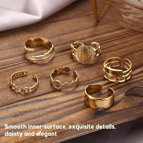 Besteel 18K Gold Plated Rings for Women, Stainless Steel Statement Rings Pack Stacking Boho Midi Rings Adjustable Open Ring Band Twisted Signet Rings Non Tarnish Gold Rings in Kuwait