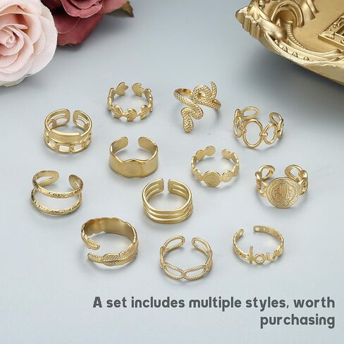 Besteel 18K Gold Plated Rings for Women, Stainless Steel Statement Rings Pack Stacking Boho Midi Rings Adjustable Open Ring Band Twisted Signet Rings Non Tarnish Gold Rings in Kuwait
