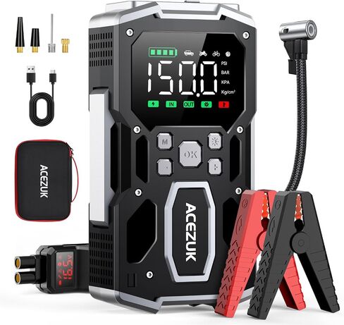 Jump Starter with Air Compressor, 8000A 150PSI Portable Car Jump Starter, 12V Jump Start Pack (All Gas/12L Diesel),Portable Car Jump Starter with Smart Jump Cables, LED Lights in Saudi Arabia