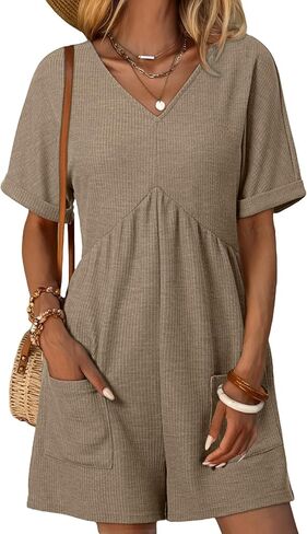 AlvaQ Rompers for Women Solid Color Casual Short Sleeve V Neck Zipper Short Jumpsuits with Pockets in Kuwait
