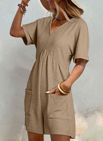 AlvaQ Rompers for Women Solid Color Casual Short Sleeve V Neck Zipper Short Jumpsuits with Pockets in Kuwait