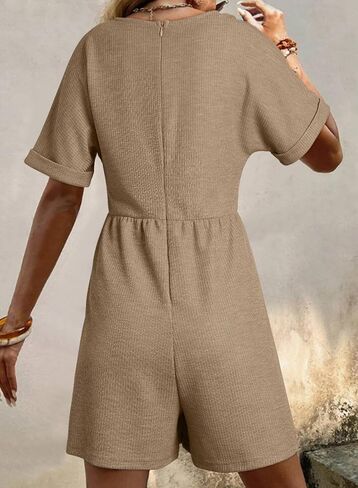AlvaQ Rompers for Women Solid Color Casual Short Sleeve V Neck Zipper Short Jumpsuits with Pockets in Kuwait