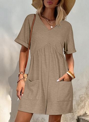 AlvaQ Rompers for Women Solid Color Casual Short Sleeve V Neck Zipper Short Jumpsuits with Pockets in Kuwait