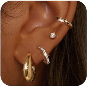 4 Pairs Gold Hoop Earrings Set for Women Trendy: Hypoallergenic Huggie Hoop Earrings 14k Gold Plated Flat Back Stud Earrings Dainty Small Chunky Cartilage Tragus Helix Jewelry Stack Multiple Piercing