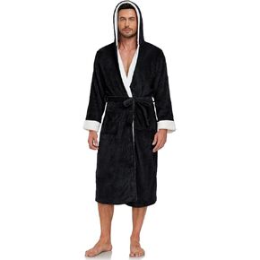 RONGTAI Hooded Mens Bathrobe, Soft Plush Long Fleece Robe, Full Length, Comfy Nightdress