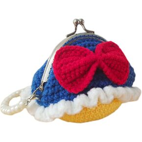 Women's Kiss-Lock Clasp Crochet Cute Strawberry Coin Purse, Portable Pearl Wristlet Coins Pouch Change Purses, Hand Hooked Big Bellied Small Coin Wallet