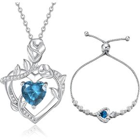 AGVANA December Birthstone Jewelry Blue Topaz Necklace Bracelet for Women Sterling Silver CZ Rose Flower Heart Pendant Mothers Day Gifts for Mom Anniversary Birthday Gifts for Girls Her