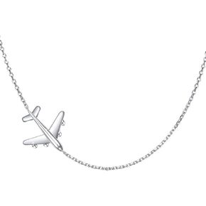 Airplane Sideways Choker Necklace S925 Sterling Silver Aircraft Jelwery Adjustable Clavicle Necklace 15+3 Inch for Women Lady, Best Gifts for Stewardess Flight Attendants
